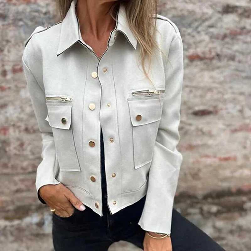 Elegant Metal Zipper Button Short Coats Fashion Lapel Collar Solid Color Suede Jacket Women Casual Long Sleeve Pocket OuterwearX240920