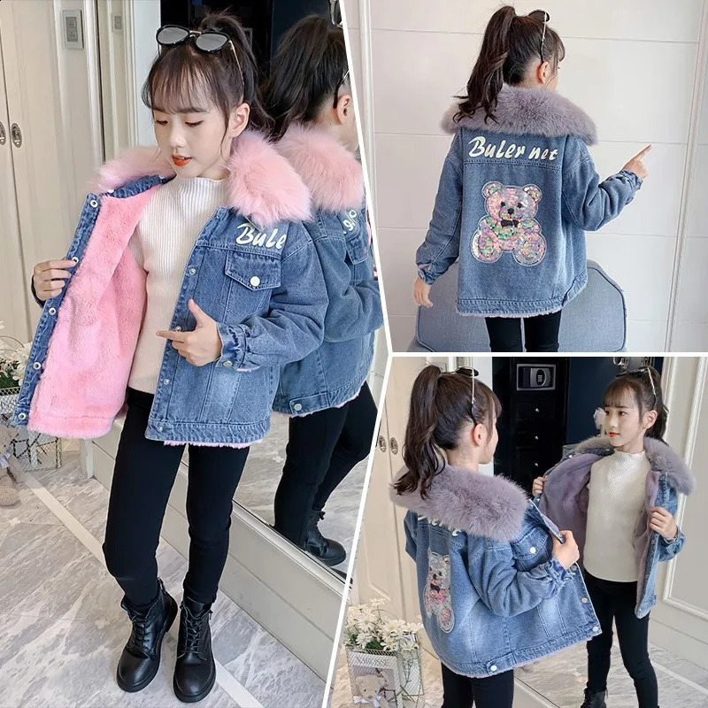 2025 Korean Winter Girl Denim Jacket Cartoon Sequined Bear Plus Velvet Girl Outerwear Coat 314 Years Kids Teenage Girl Parka 251027