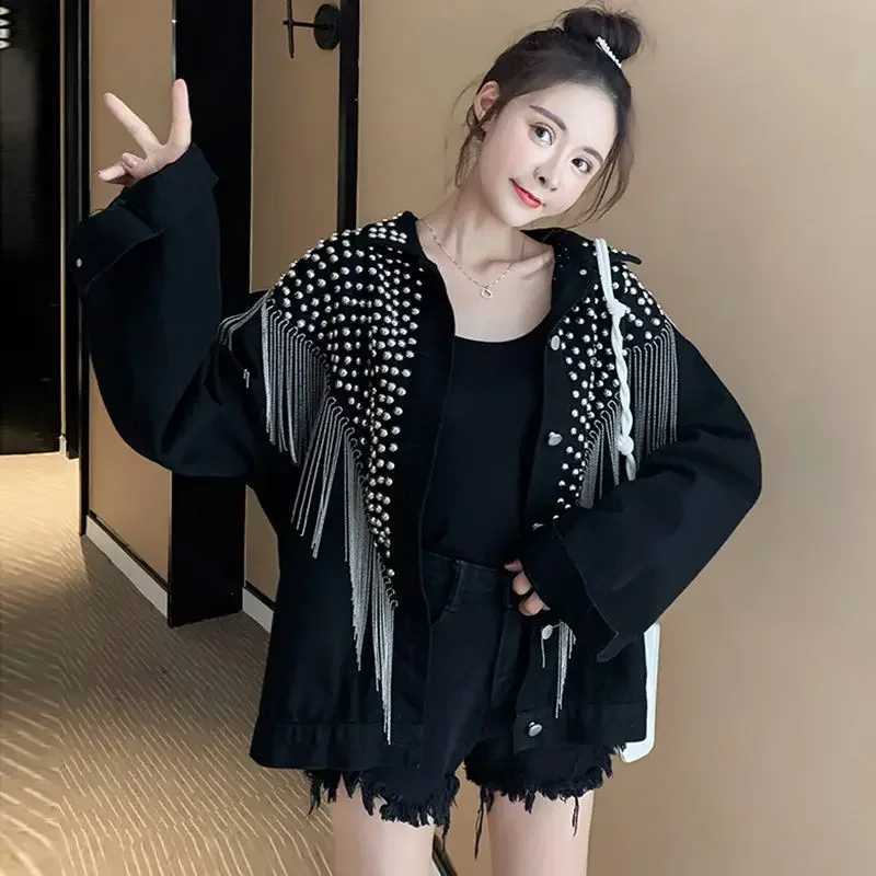 Patchwork Womens Denim Jackets Outerwears Spring Autumn Studded Biker Blue Female Jeans Coat Black Fringe Designer Deals New InX240920