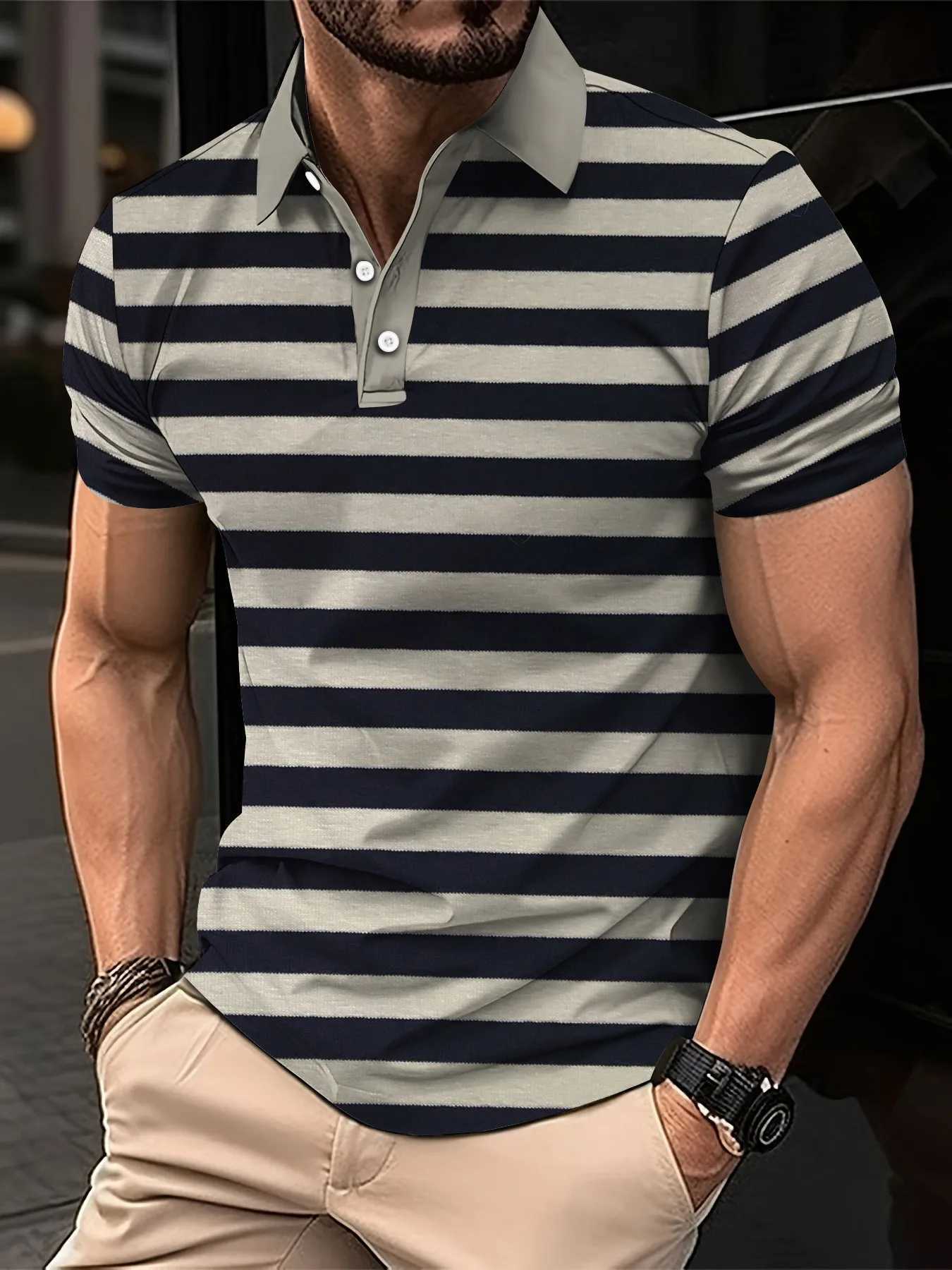 Mens Short Clothes Sleeved Lapel 3D Digital Printed Striped Polo Shirt Summer Mens Business Casual Oversized Top Clothes XJ250725