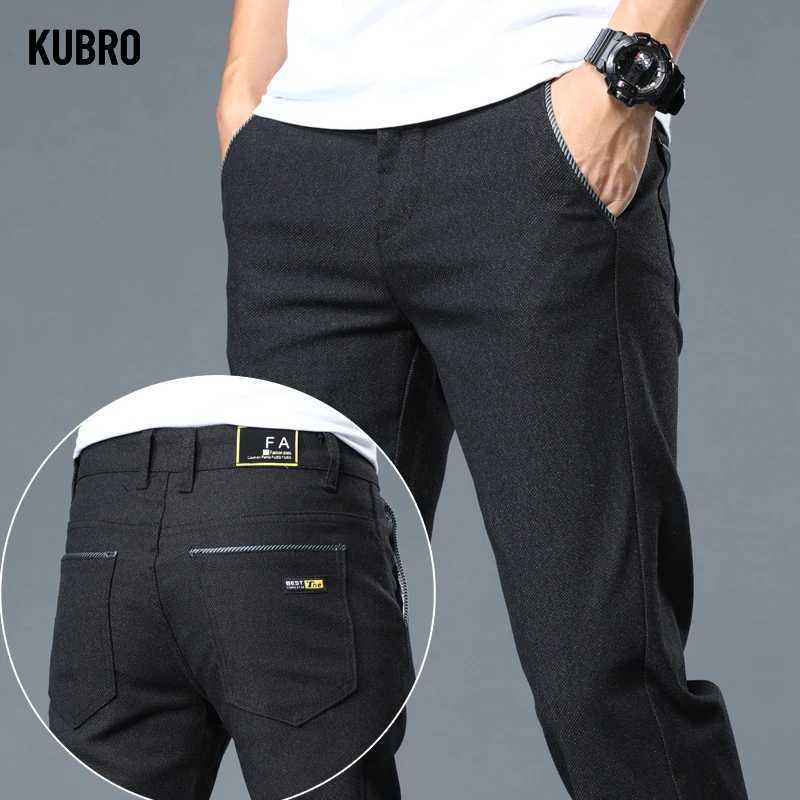 KUBRO mens brushed fabric casual pants business fashion slim fit elastic thick gray blue pure cotton mens pants W240919