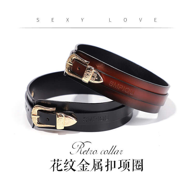 Sex SM Props Female Slave Training Traction Neck Set Pattern Metal Buckle Genuine Leather Sex Collar Alternative Adult Products
