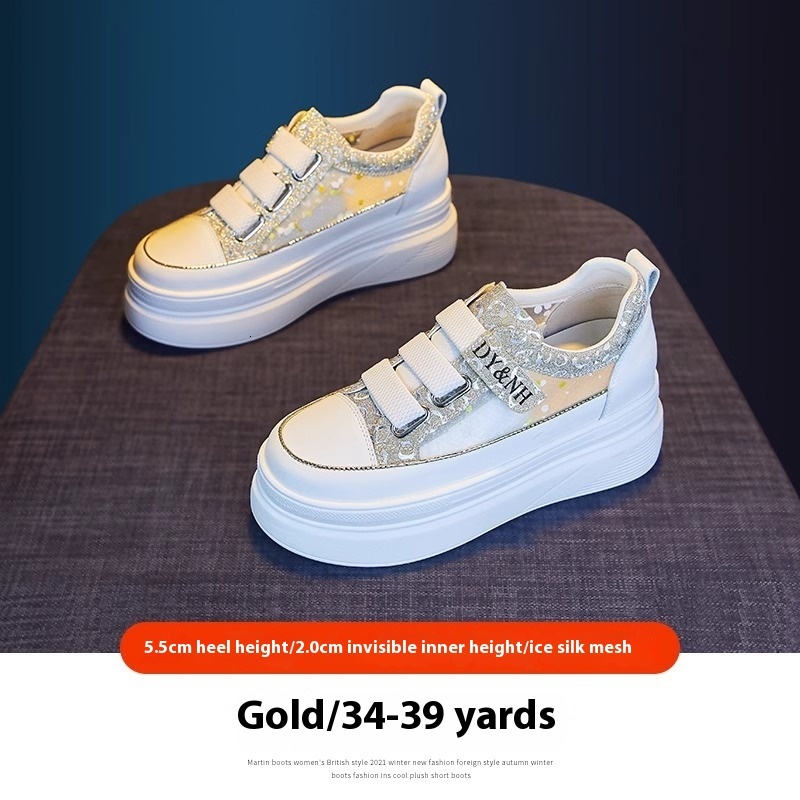 Female 2024 summer new hollow mesh breathable thin sponge cake thick sole fashionable casual with increased height inside white shoes