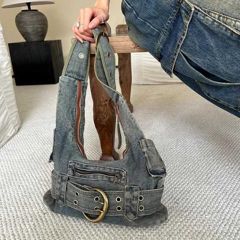 Trendy Ladies Vintage Denim Punk Shoulder Bag Y2k Streetwear Grunge Handbag Cool Girls Retro Gothic Casual Underarm Bags 240920