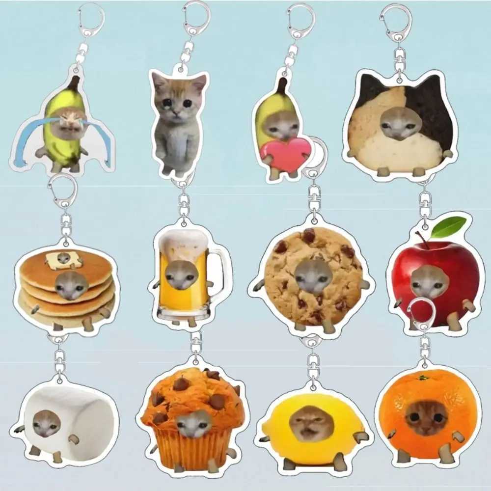 Cute Acrylic Happy Funny Cat Keychain Food Cat Head Portable Toast Cat Pendant Key Ring Small Bag Accessories Car Key ChainsX240919