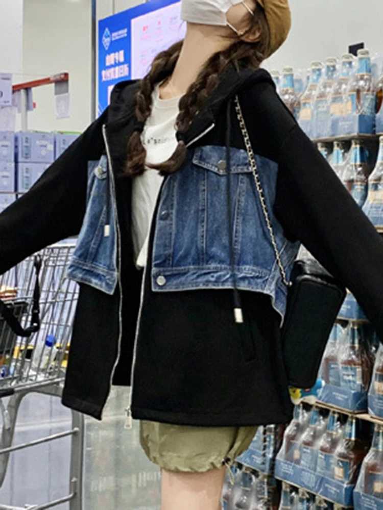 LANMREM Streetwear Hooded Jackets Women Denim Patchwork Design Zipper Loose Coat Fashion 2023 Autumn New Clothing 2AA3106X240920