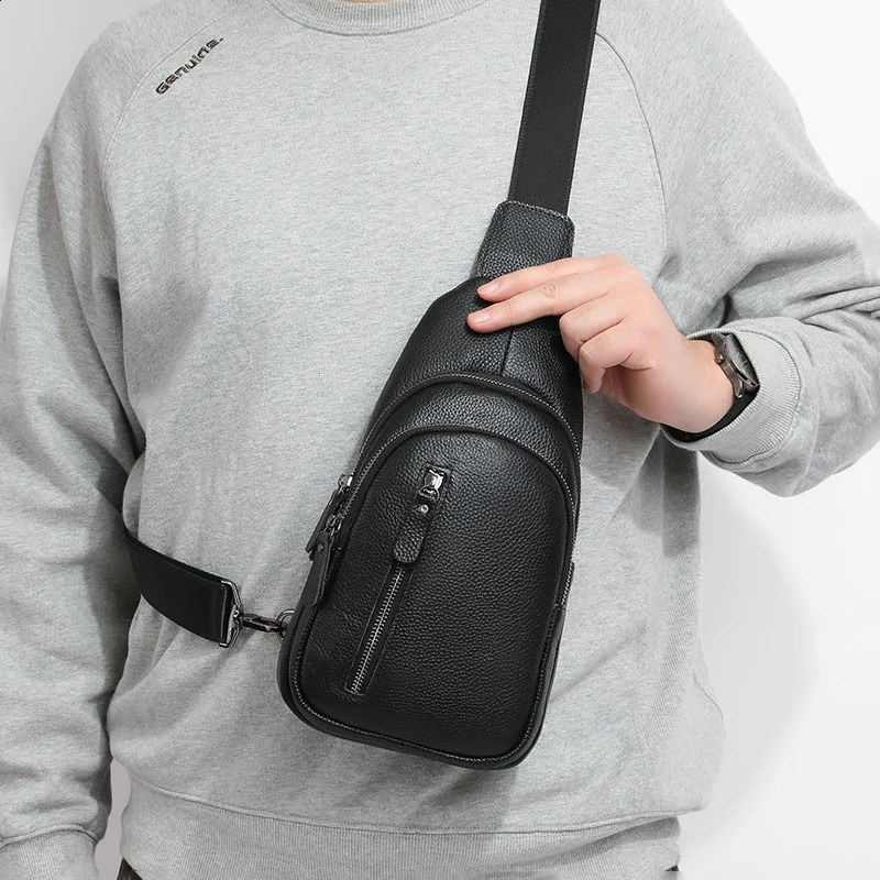 100% genuine leather mens chest bag shoulder messenger transparent handbag 240919