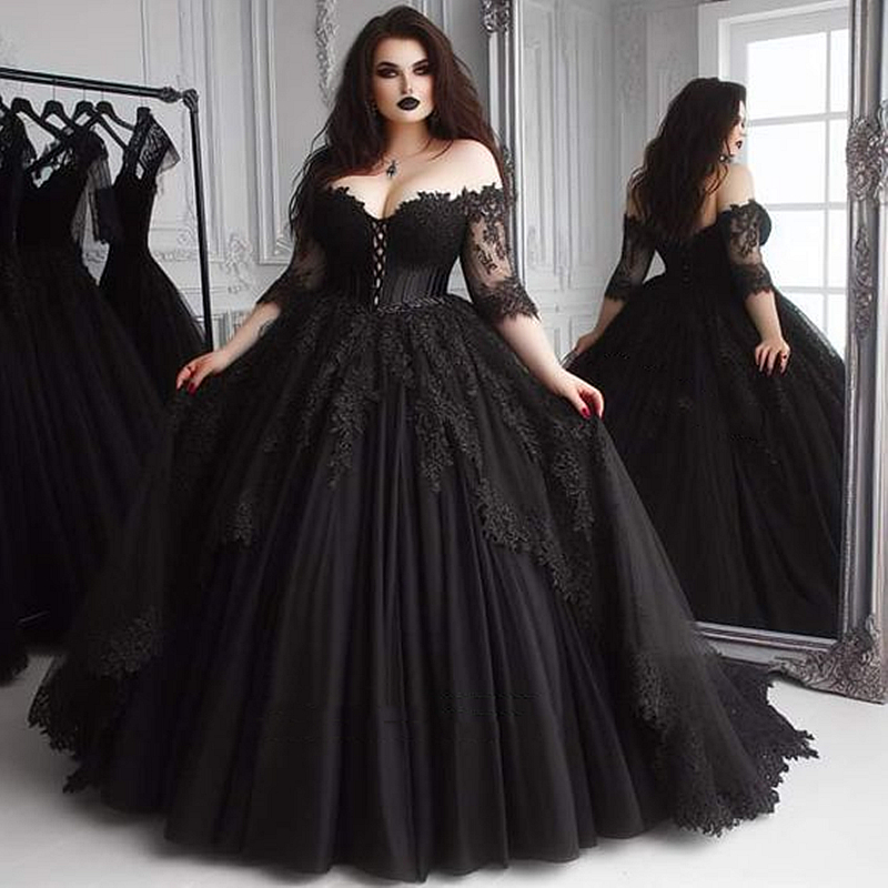 Princess Black Wedding Dresses half Sleeves Off Shoulder Lace Appliques Corset Gothic Bridal Ball Gowns Back Lace-Up Plus Size Bride Dress 2025