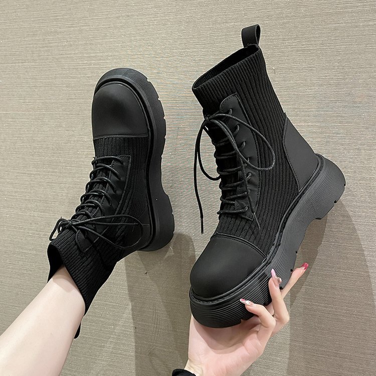 2024 new front lace up British style retro round toe elastic soft soled boots