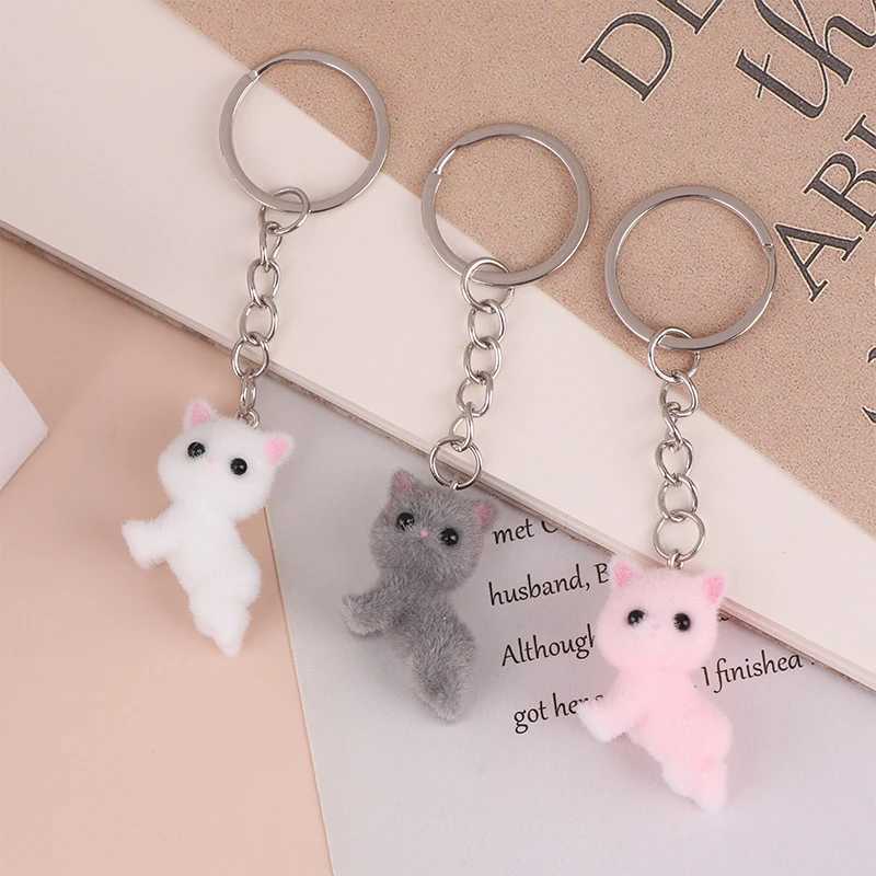 Cartoon 3D Flocking Lying Cat Keychain Cute Lying Down Kitten Animal Keyring Pendant DIY Backpack Charms Car Bag Decor Toy GiftsX240919