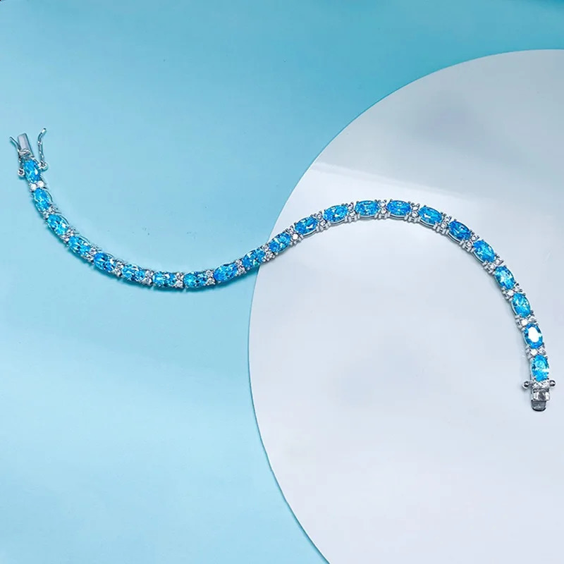 Blue sapphire zircon oval bracelet for women S925 pure silver 18k goldplated fashionable classic wedding 240912