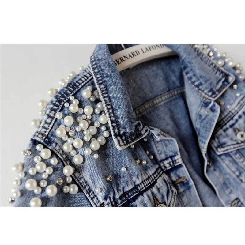 Womens Denim Jacket 2023 Spring Autumn Jeans Jacket Pearl Basic Coat Female Jeans Coats Long Sleeve Top Blue OuterwearX240920