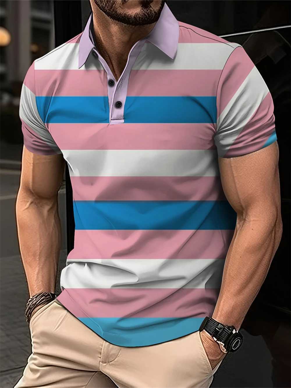 New Summer Mens Short Polo Lapel 3D Digital Printed Fashion Splice Striped Polo Shirts Mens Business Casual Tops Man ClothingX240920