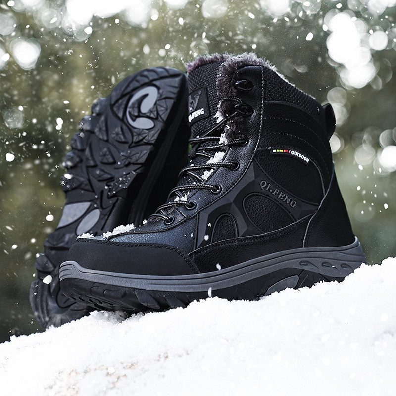 Large size outdoor plush cotton high top with lace up hiking shoes, winter leather faced men's warm snow boots