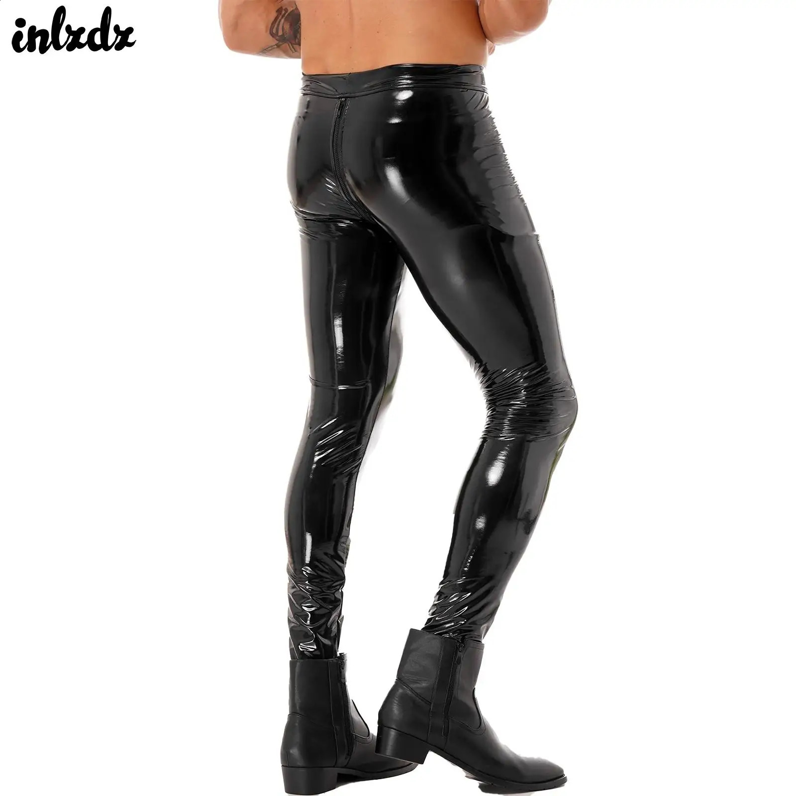 Mens Zipper Crotch Tight Pantyhose Club Clothing Patent Leather Motorcycle Tight Pantyhose 240913