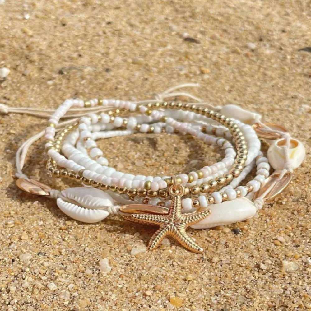 7pcs 16.54/2.76in Bohemian Beach Rice Beads Elastic Anklet Charm Alloy Anklet Set Stretch Holiday Starfish Multi-layer Anklet Y240920