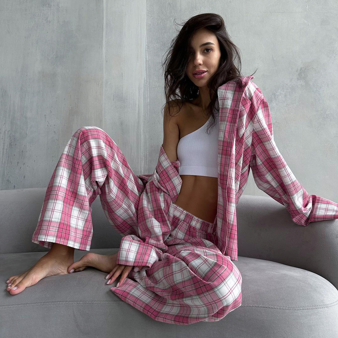 2024 autumn/winter plaid loose sleepwear, long sleeved pants, fashionable casual women's home wear for outerwear