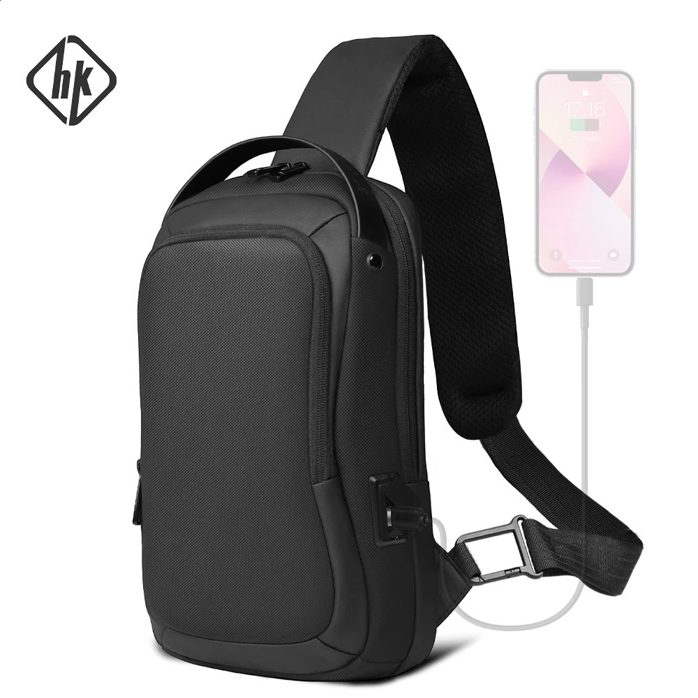 HK large capacity cross body shoulder bag suitable for mens business chest 11 inch cushion travel sling with USB charging port 240919