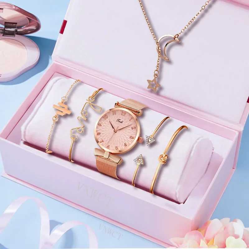Fashion Women Watches 6pcs Set Elegant Female Wristwatches Magnetic Mesh Band Rose Woman Watch Bracelet montre femme reloj mujerX240920