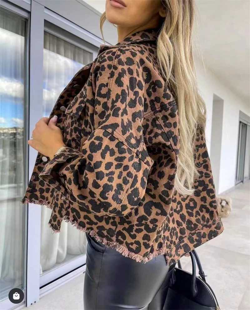 Women Fashion Chic Leopard Print Denim Jacket Autumn New Lapel Cardigan Coat Casual Outerwear Female Urban Office Commuter WearX240920