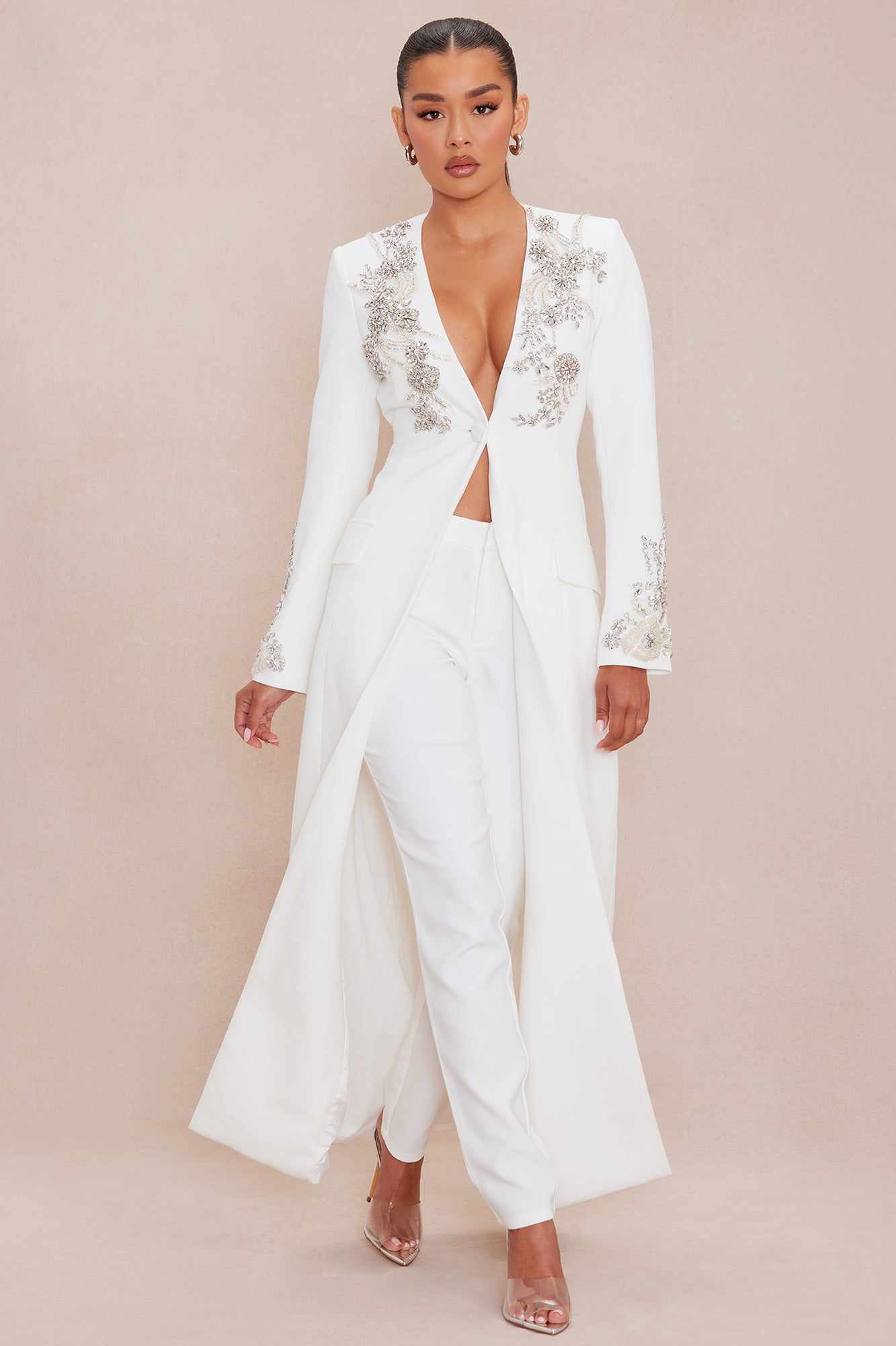 Crystal Appliques Women Pants Suits Formal Birthday Party Evening Guest Wear Long Jacket Blazer 2 Pieces Custom Made