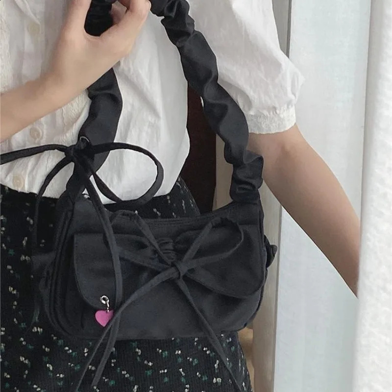 Xiuya Fashion pleated womens shoulder bag denim sweet bow cute casual handbag literature Korean ner handheld 240919
