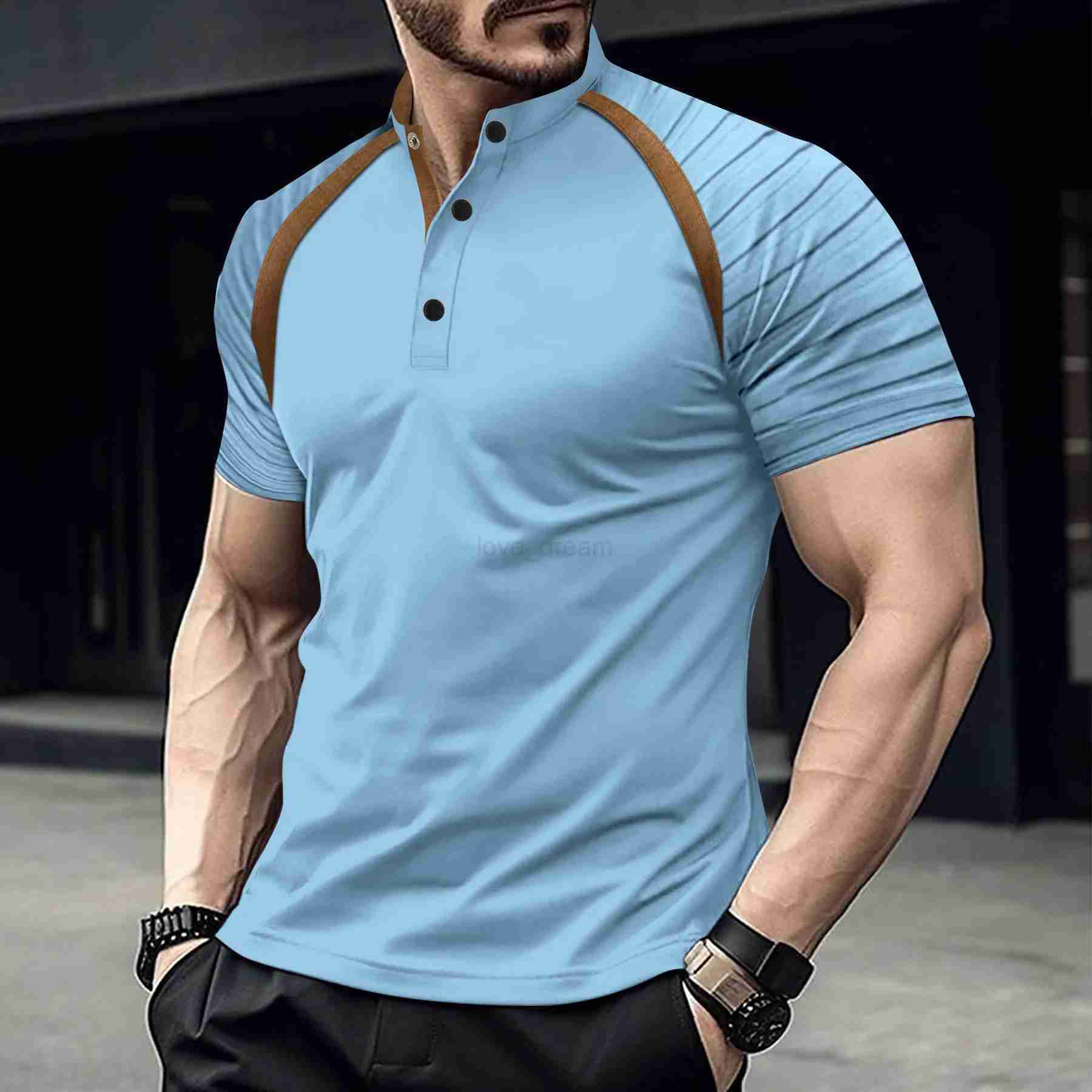 Mens Casual Summer POLO Shirt Stand Collar Spliced Retro Arm Stripes High Quality Comfortable Mens Loose Sports POLO ShirtXJ240920