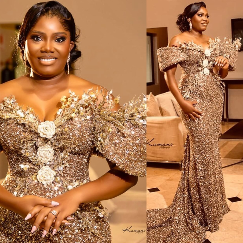 2024 Gold Mermaid Prom Dresses For Special Occasions Sequined Rhinestones Flowers Beaded Evening Formal Party Reception Birthday Engagement Gowns Dres