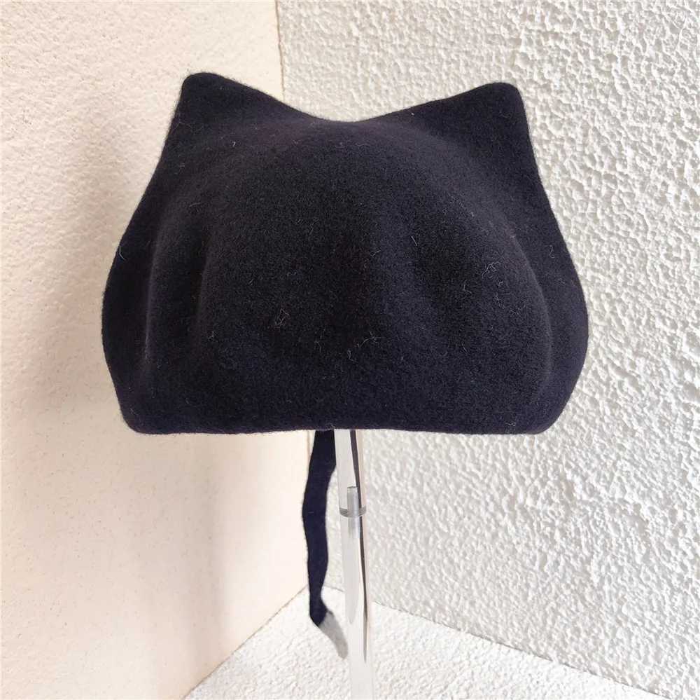 New Fashion Cute Girls Kawaii Cat Ear Beret Sweet Lolita Headwear Purple Beanies Hat Handmade Wool Felt Women Beret WholesaleX240919