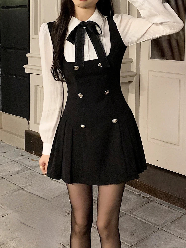 Autumn Two Dress Women Slim Chic Long Sleeve Bow Casual Y2k Mini Dress Female Korean Fashion Elegant Short Party Dress 240920