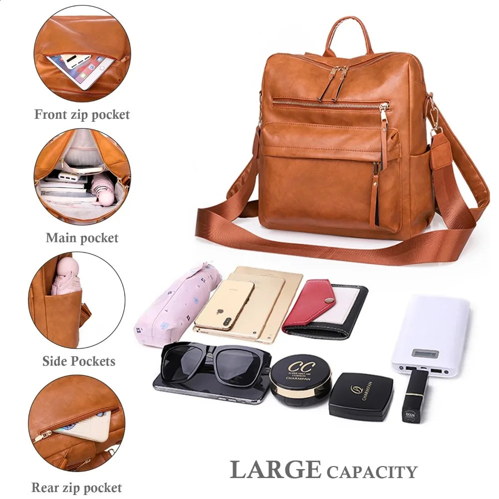 Womens backpack wallet fashionable large travel leather backpack shoulder bag suitable for women brown 240918
