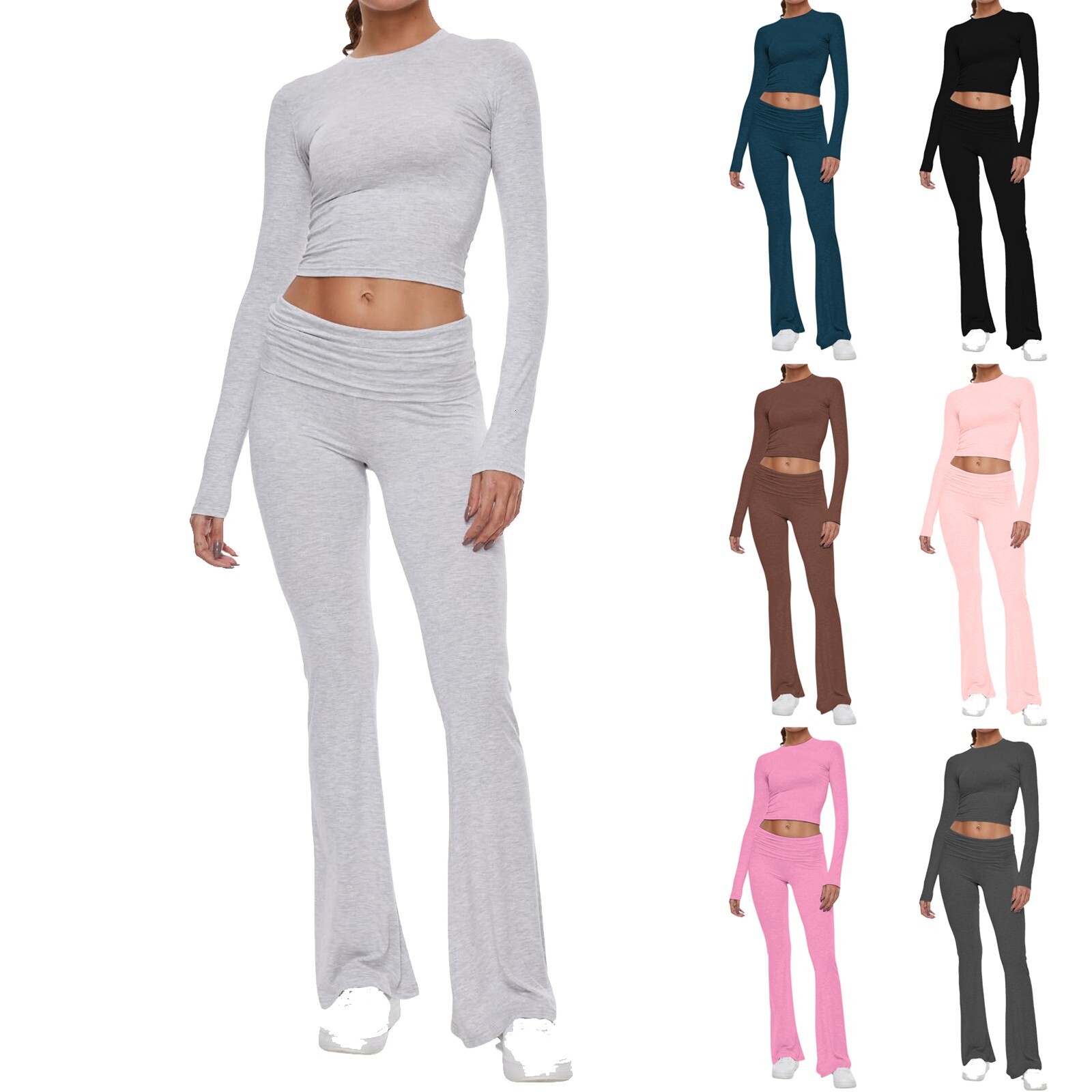 Women's Yoga Sets Crew Neck Long Sleeve Crop Tee And Low Rise Flare Pants Tracuit Slim Fit Two Piece Outfits