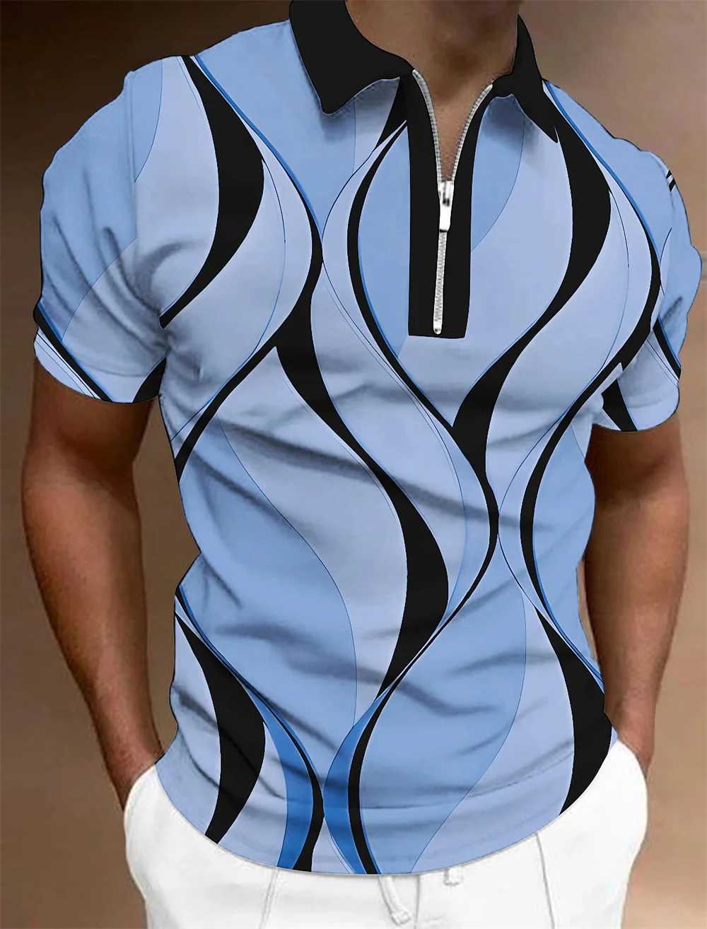 MenS Zip Polo Lapel Polo Shirt Golf Shirts Graphic Prints Geometry Linear Turndown Short Sleeves Zipper Clothing Tops DesignerX240920