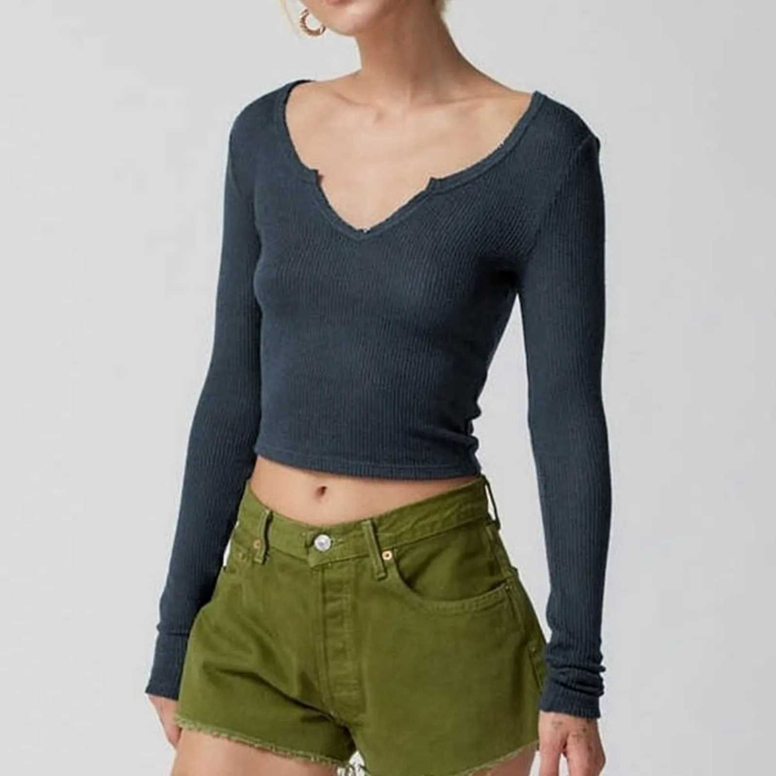 Solid Color Ribbed Slim Fit T Shirt Womens Small V Neck Y 2k Long Sleeve Tee Shirt Sexy Knitted Casual Cropped Tops Tee M240920