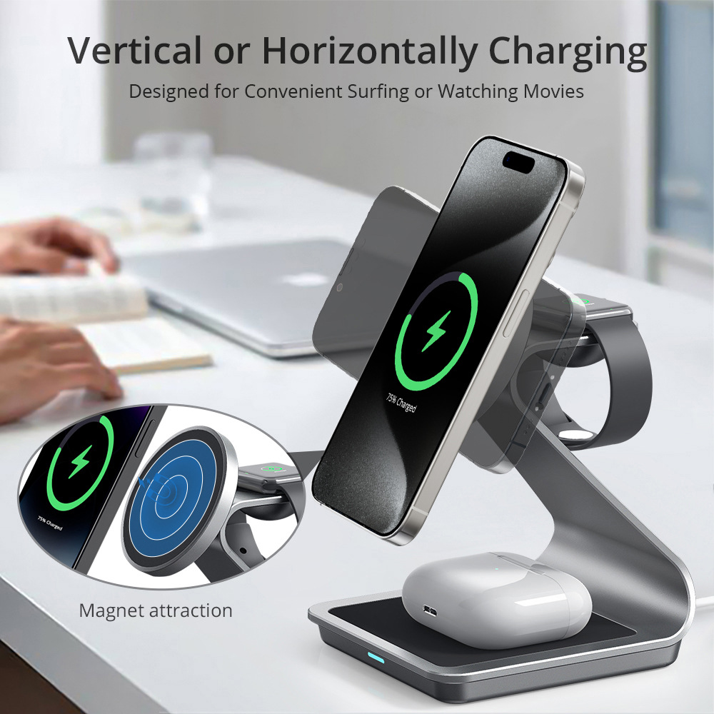 Multi-Functional Aluminum Alloy Dock Wirelessly Charge Your iPhone Apple Watch and Earbuds Together