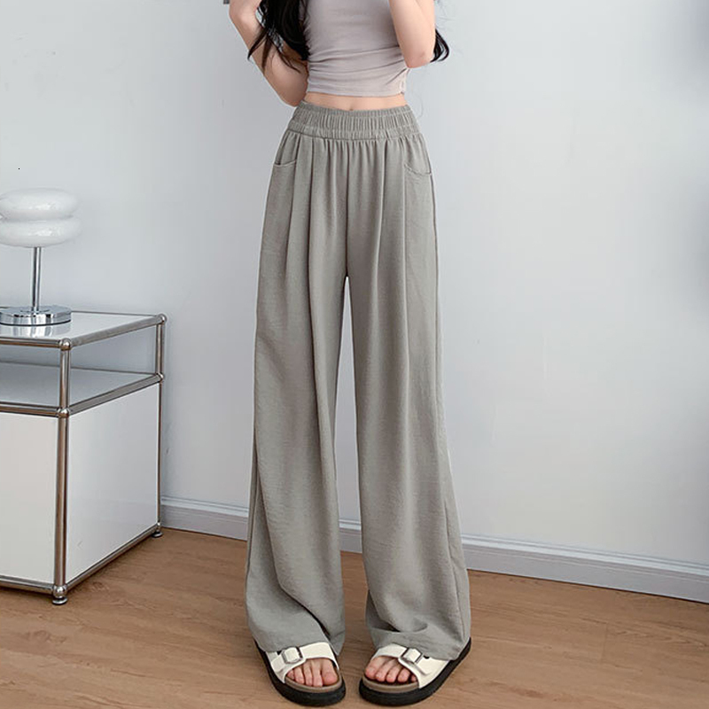 2026 Summer New Ice Silk Wide Leg Thin Loose Ladies Casual Slimming Y K Women with Pockets Mop Pants Slim Body