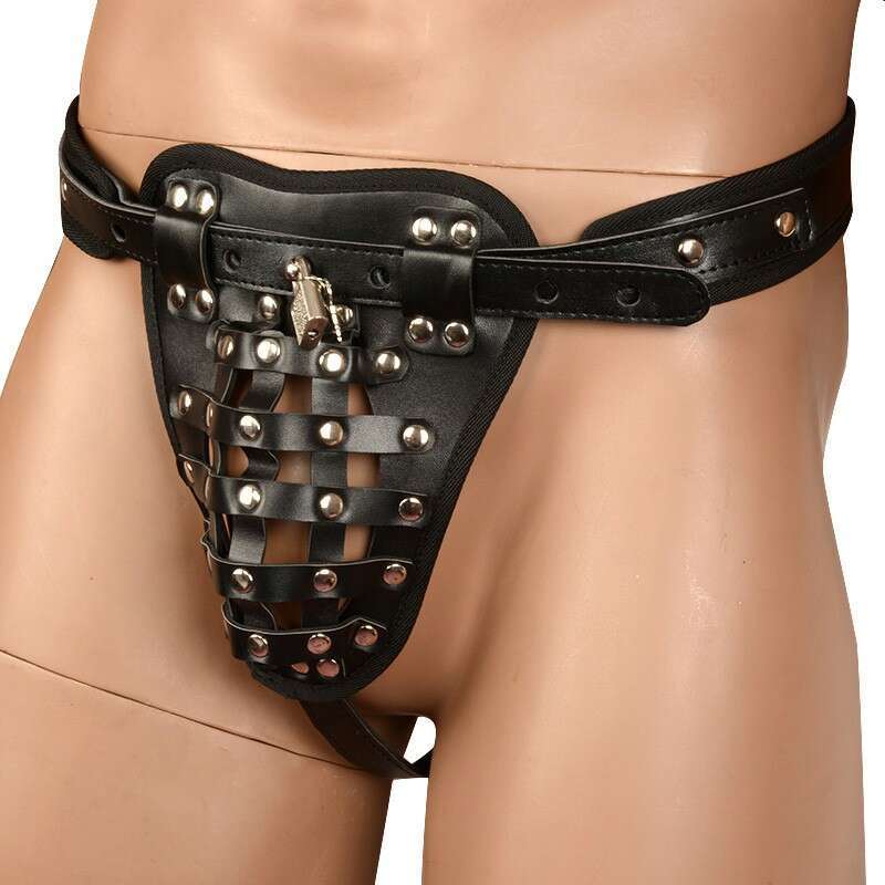 Free Custom Box - Men Leather Lingerie Chastity Cage Panties Cock Bondage Restraints Sex Belt Male Thongs With Lock Penis Toy