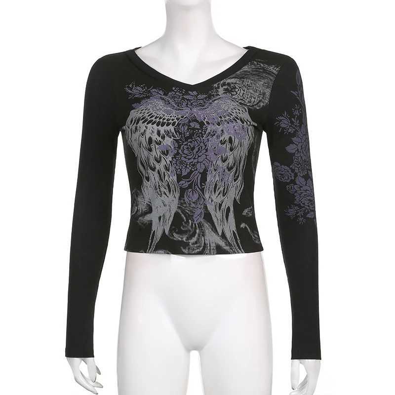 Womens Streetwear Long Sleeve T-shirt Vintage Feather Wing Flower Printed Round Neck Tops Spring Autumn Slim Fit Basic Tops M240920