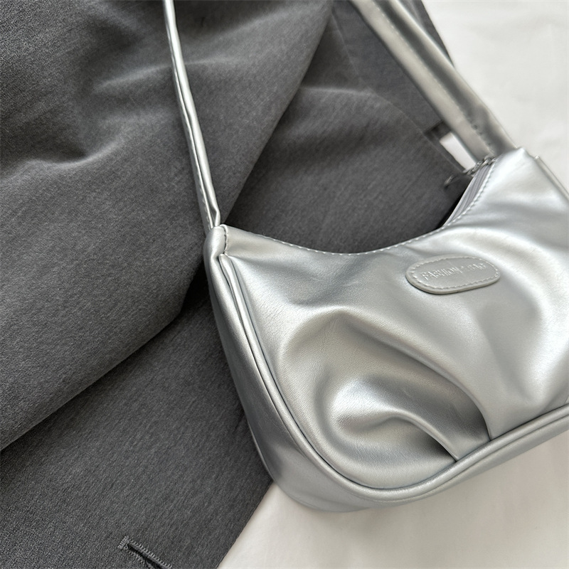 Women's niche texture silver bag high-end pleated armpit crescent bag