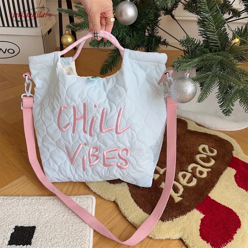 2024Autumn/Winter New Canvas Korean Edition Letter Embroidered Quilted Handbag Crossbody Bag Lightweight and Large Capacity #22 Swissmilitary