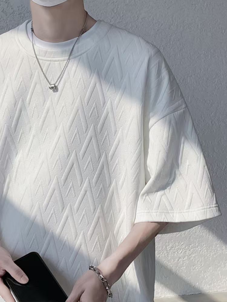 Advanced Jacquard T-shirt men's fashion brand summer plus size heavy short sleeve American high street five and a half sleeves.