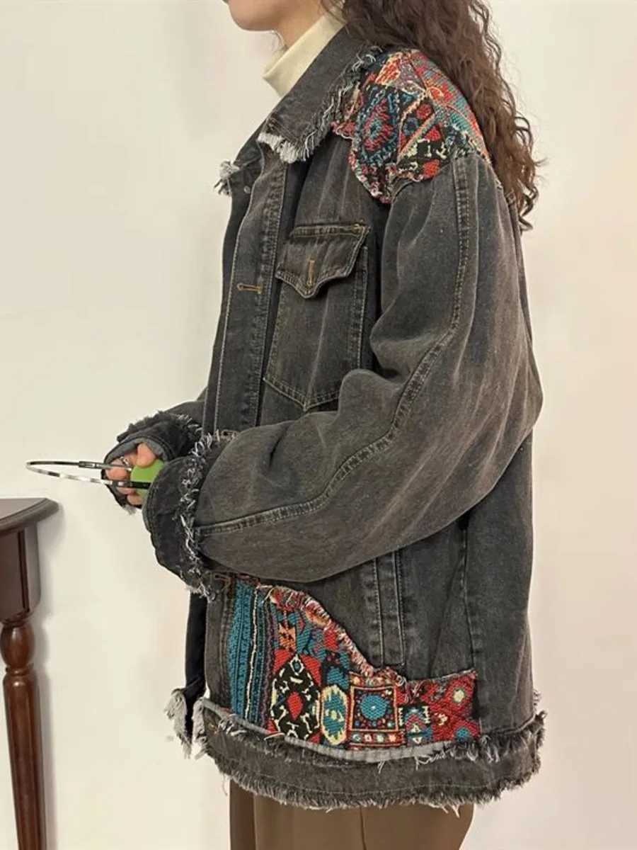 Vintage Boho Embroidery Denim Jacket Spring Autumn 2024 Long Sleeve Casual Loose Trend Folk-custom Stitching Raw Edge Jeans CoatX240920