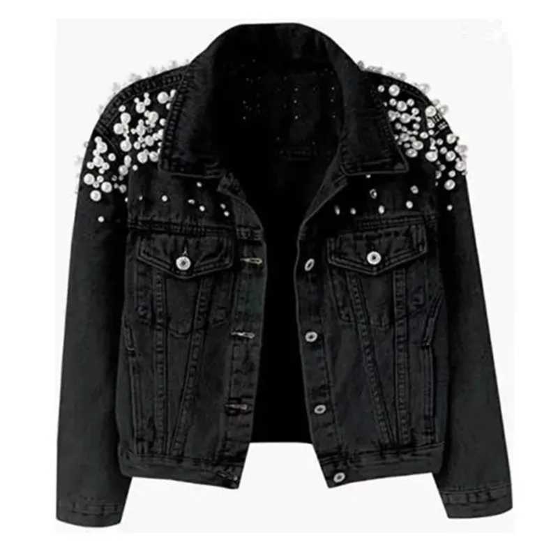 Womens Denim Jacket 2023 Spring Autumn Jeans Jacket Pearl Basic Coat Female Jeans Coats Long Sleeve Top Blue OuterwearX240920