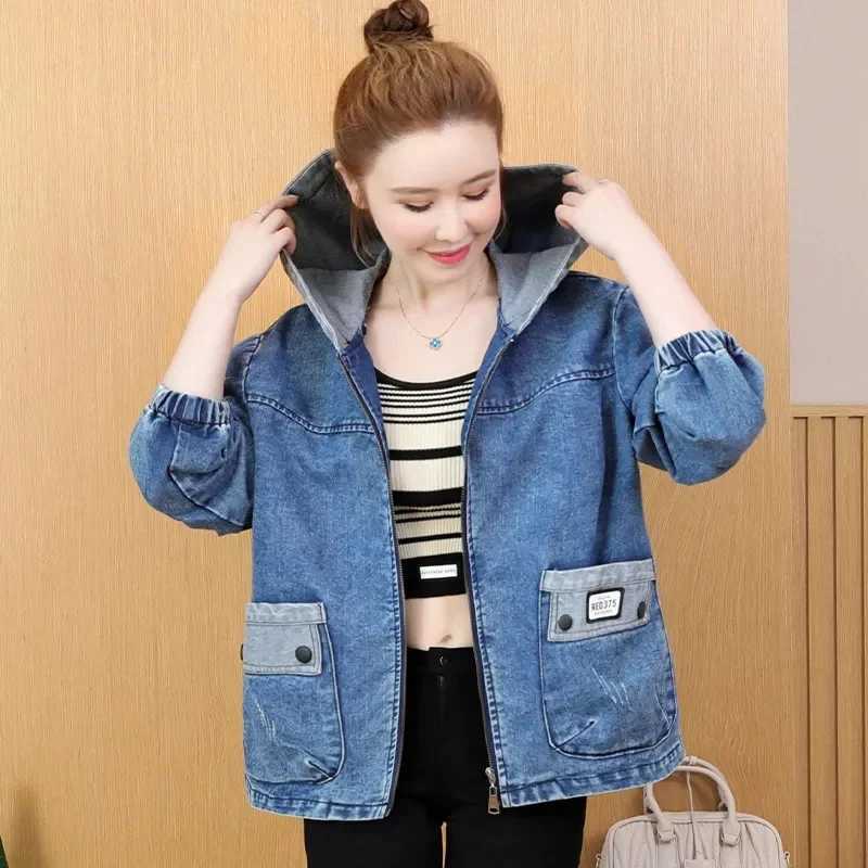 Womens Loose Denim Coat Korean Style Hooded Long Sleeve Jacket Woman 2024 Spring Autumn Vintage Casual Jean Tops MujerX240920