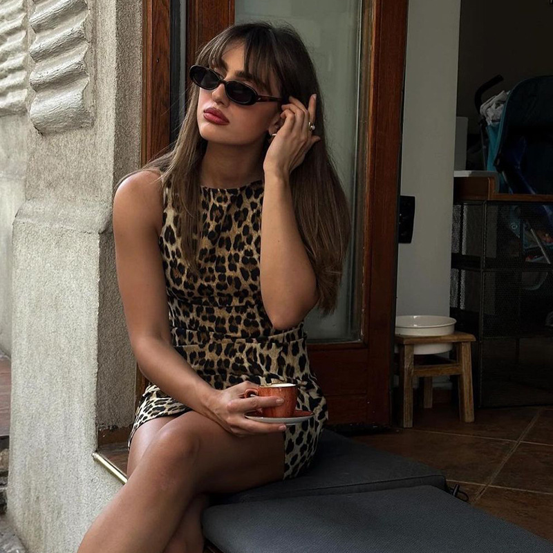 2024 Vintage Short For Print Mini Dress Women Sleeveless Summer Holiday Party Leopard Print Dresses