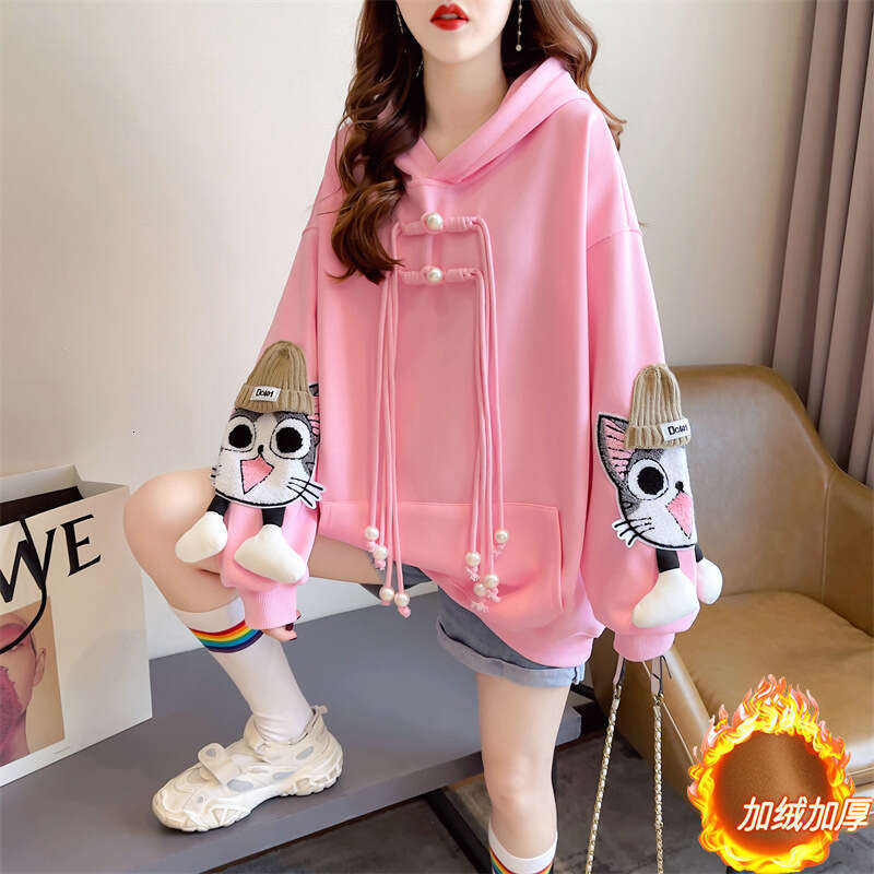 Hallowmas Thickened Plush Hoodie Women in Autumn Winter Korean Version Loose Oversized Design Feeg Niche Cute and Versatile for Small Figures Autumn D