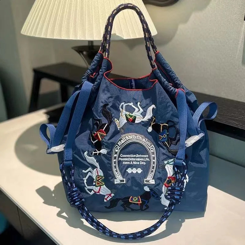 Embroidered niche ball chain environmentally friendly shopping bag large capacity shoulder womens lightweight horizontal 240919