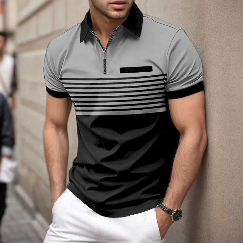 Mens summer short sleeved lapel 3D digital printed striped polo shirt with fake pocket buckle mens business casual zipper topX240920