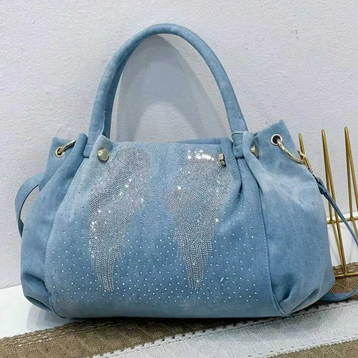 Fashion Denim Women Handbag with Crystal Diamond Casual Jeans Tote Bag Shoulder Crossbody 240920