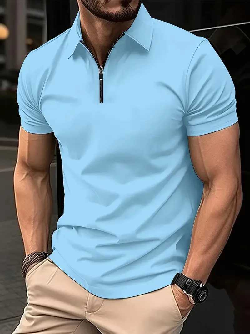 New Mens Casual Short-Sleeved Polo Shirt Office Fashion Lapel Button Zippet-Shirt Mens Breathable Polo Shirt Mens ClothingX240920